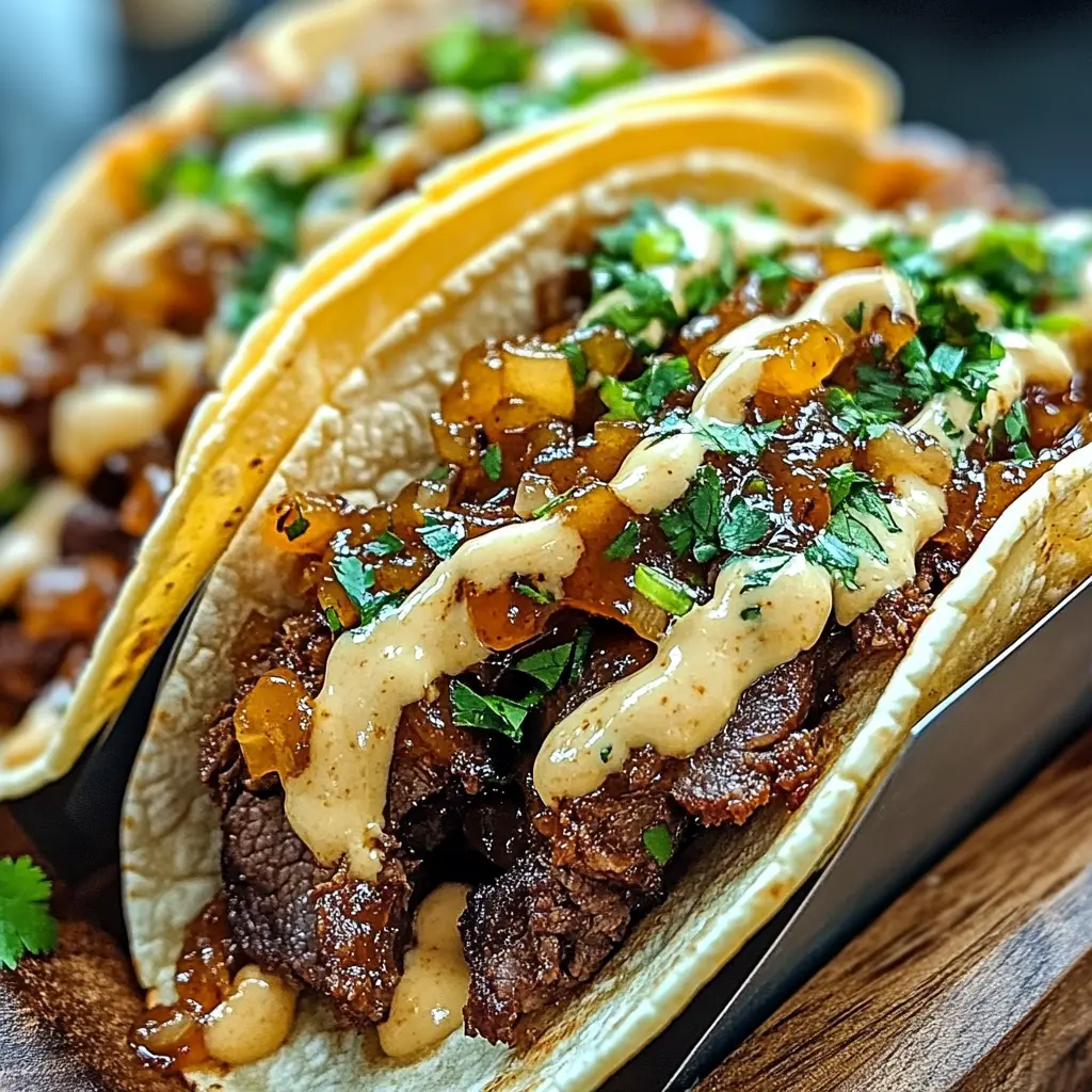 GARLIC BUTTER HONEY BBQ BEEF TACOS centered hero view, clean and uncluttered