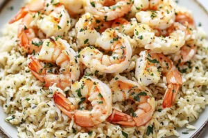 GARLIC BUTTER SHRIMP AND RICE centered hero view, clean and uncluttered