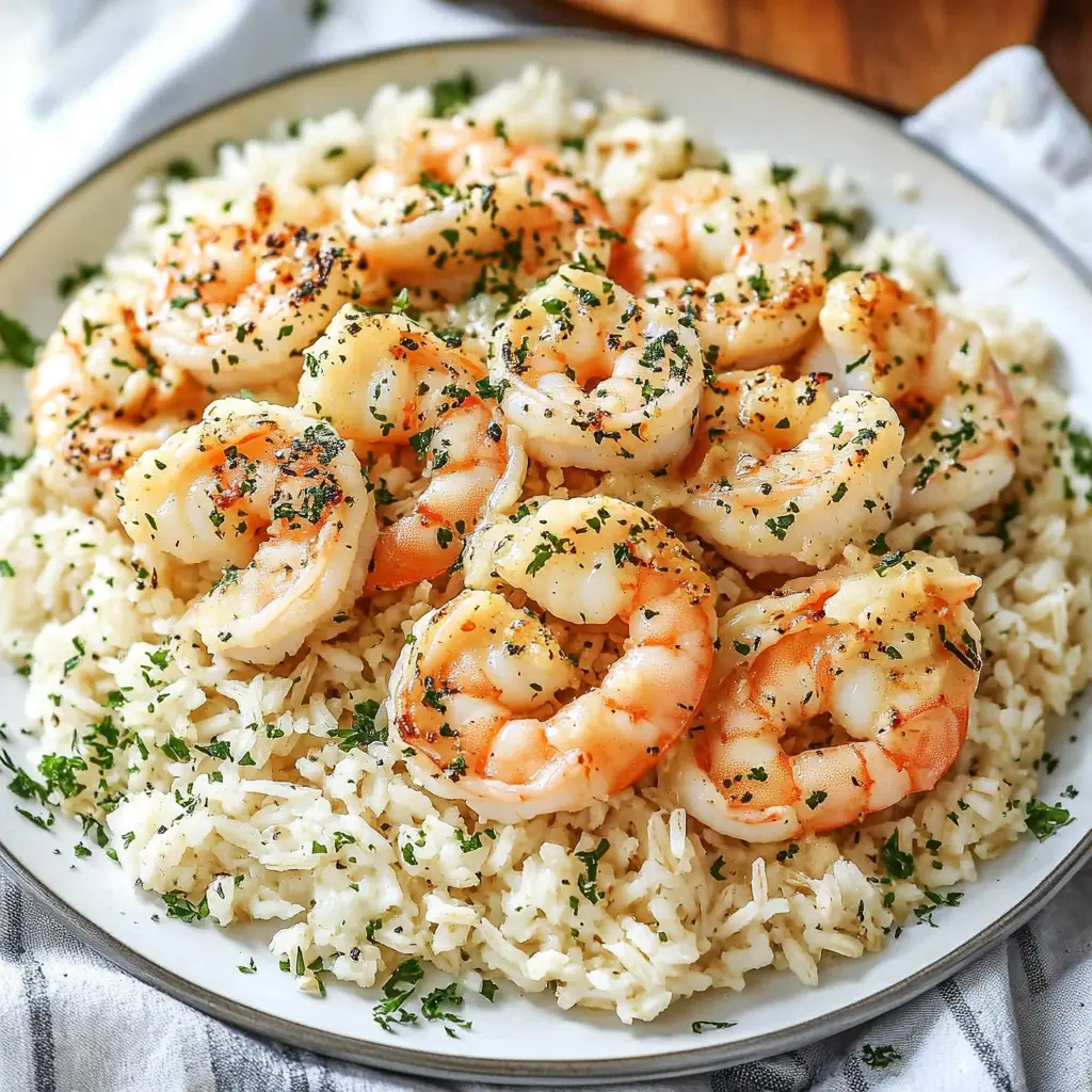 Garlic butter shrimp and rice in a skillet, centered hero view, clean and uncluttered
