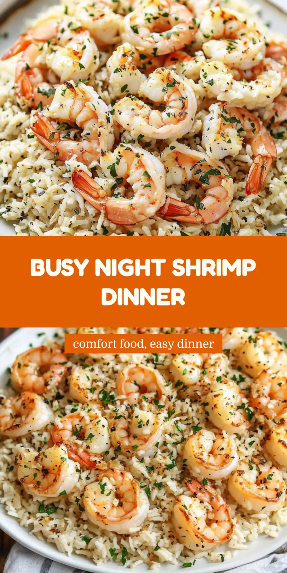 Garlic butter shrimp and rice centered hero view, clean and uncluttered for Pinterest