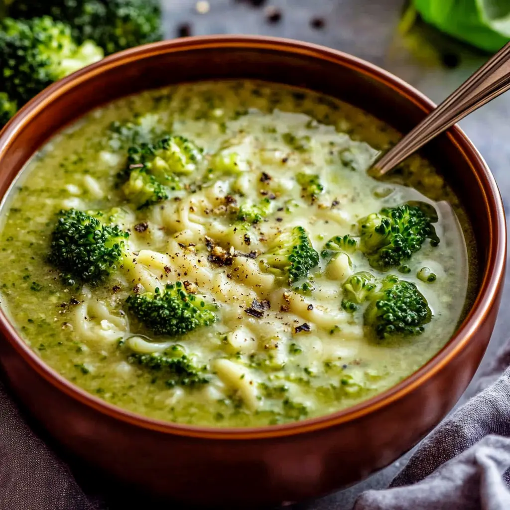 GARLIC ITALIAN BROCCOLI SOUP centered hero view, clean and uncluttered