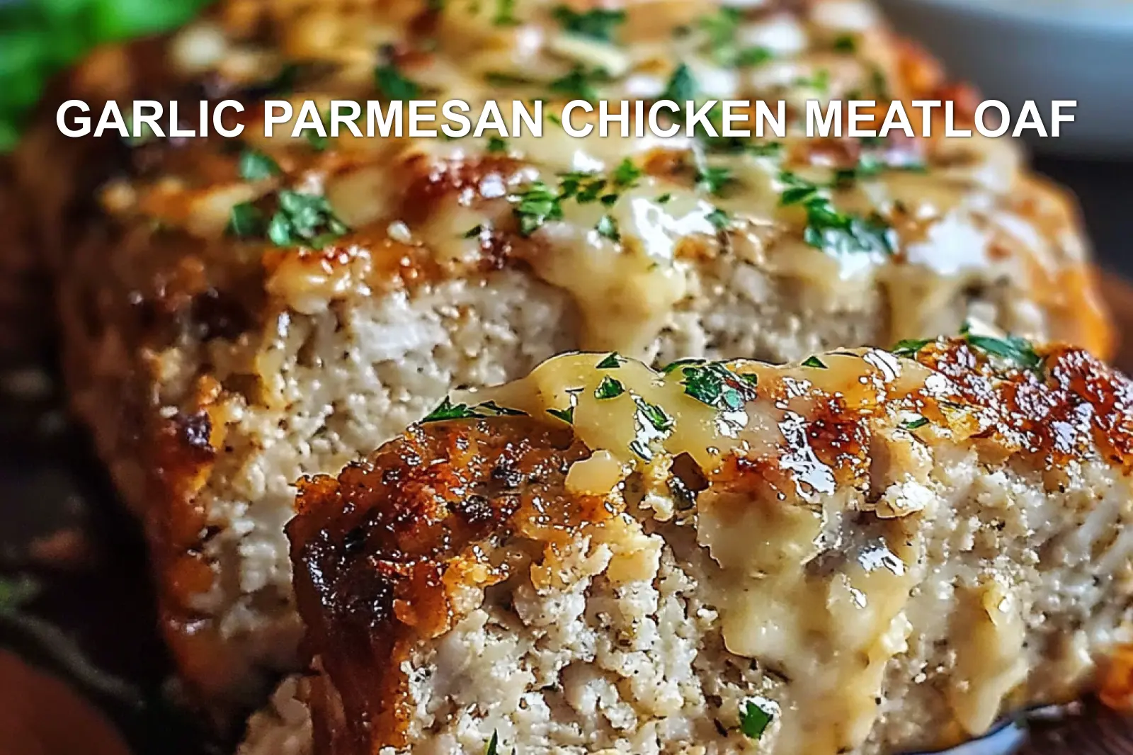 GARLIC PARMESAN CHICKEN MEATLOAF centered hero view, clean and uncluttered