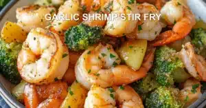 GARLIC SHRIMP STIR FRY centered hero view, clean and uncluttered