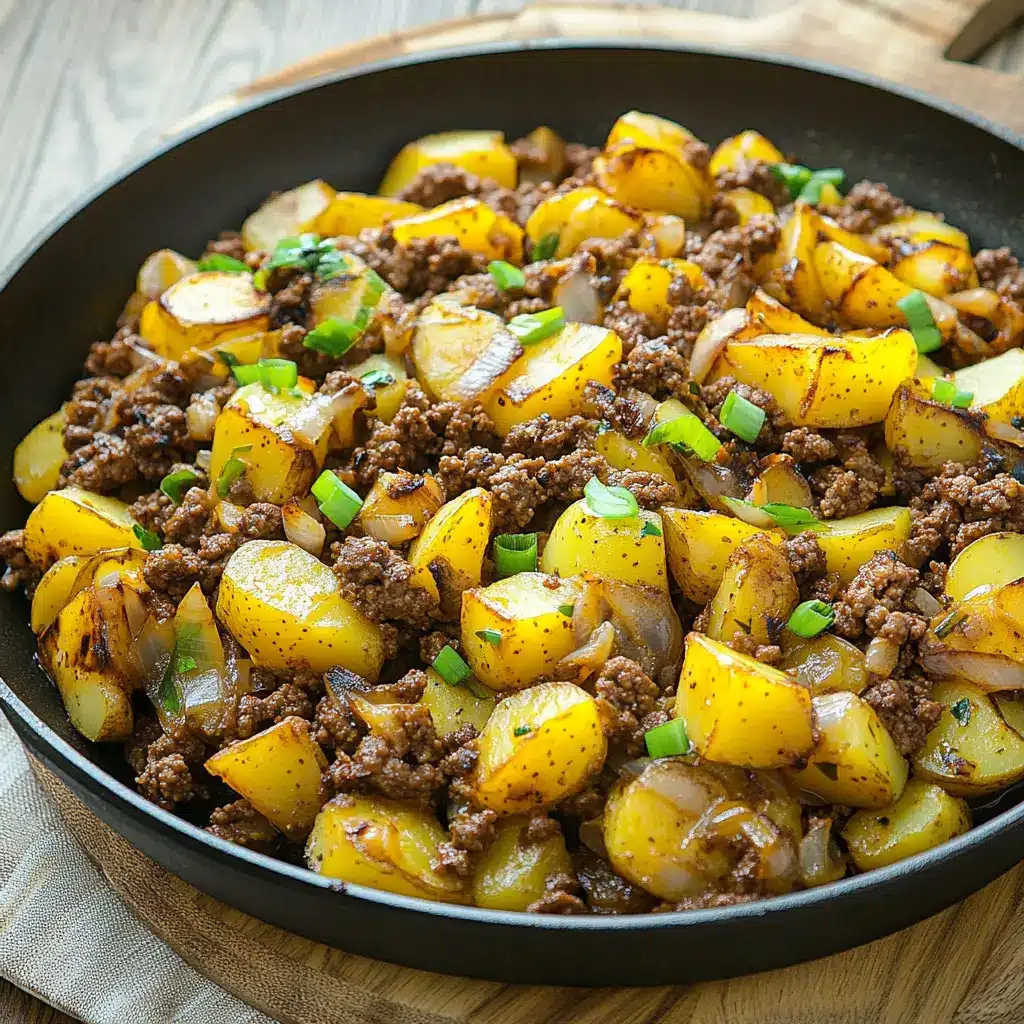 Ground beef and potato skillet centered hero view, clean and uncluttered