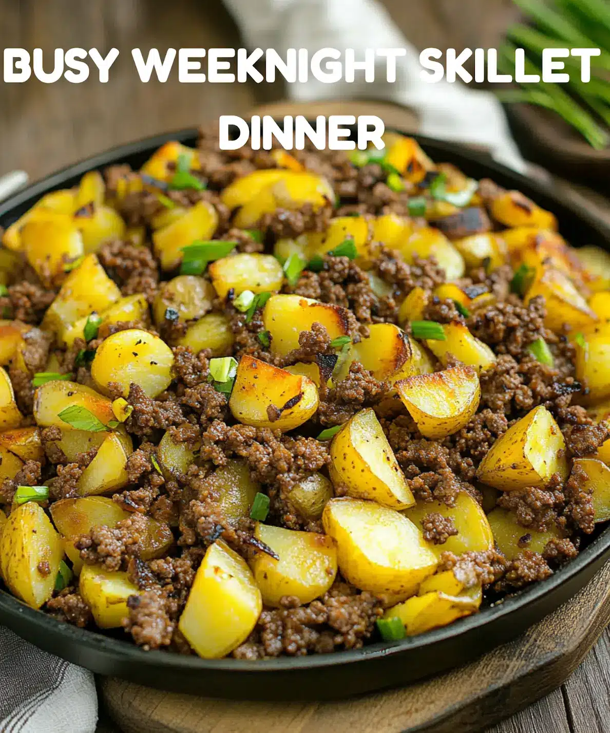 Ground beef and potato skillet centered hero view, clean and uncluttered