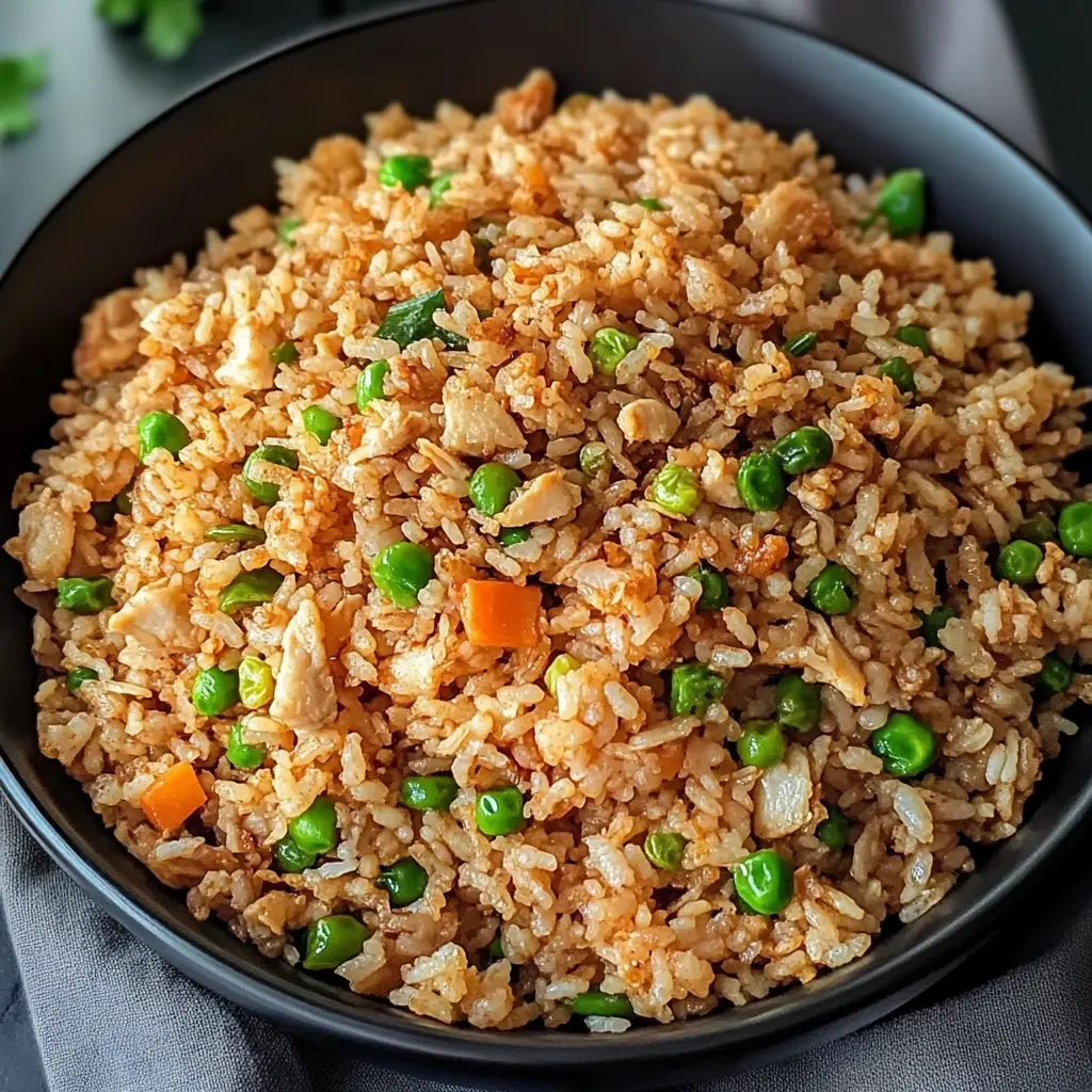 Ground chicken fried rice in a wok with visible grains and vegetables