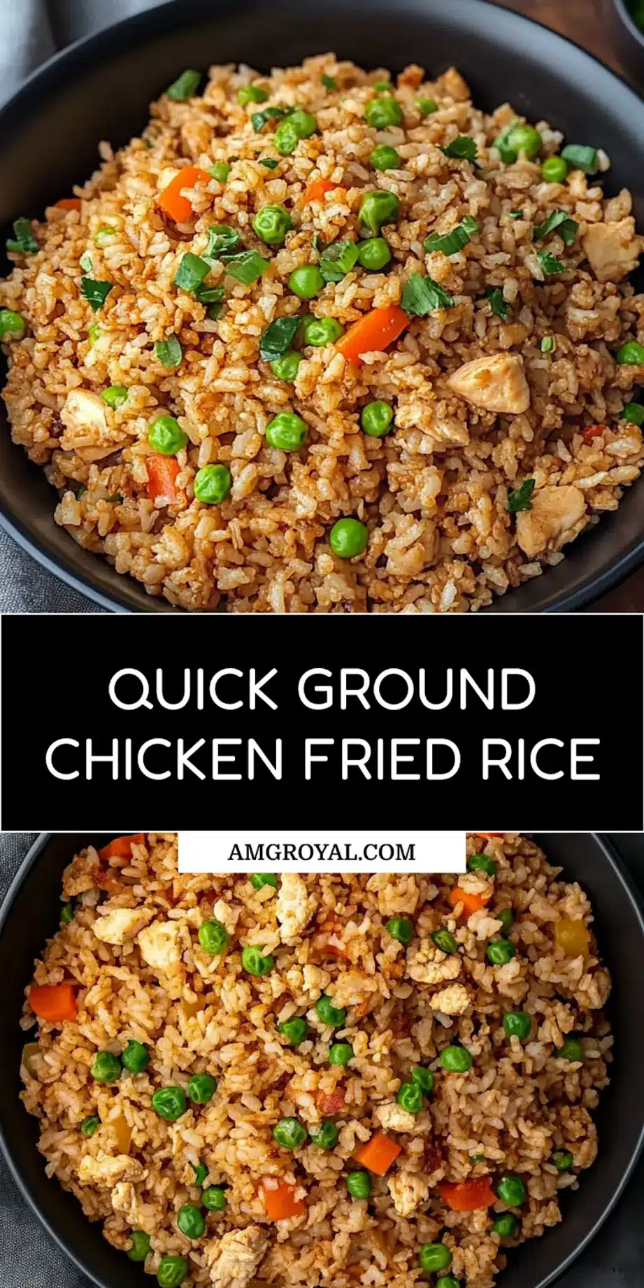 Ground Chicken Fried Rice Recipe Easy and Delicious 7 Ground chicken fried rice Pinterest pin image with crispy rice and colorful vegetables