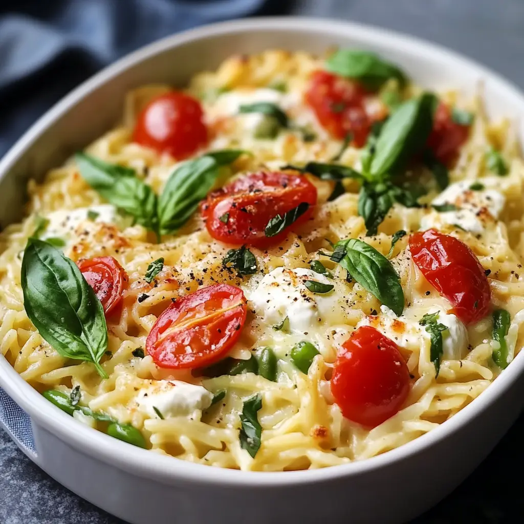 Healthy Baked Feta Orzo Recipe Easy and Delicious 6 Healthy baked feta orzo with roasted cherry tomatoes and asparagus in a rustic baking dish