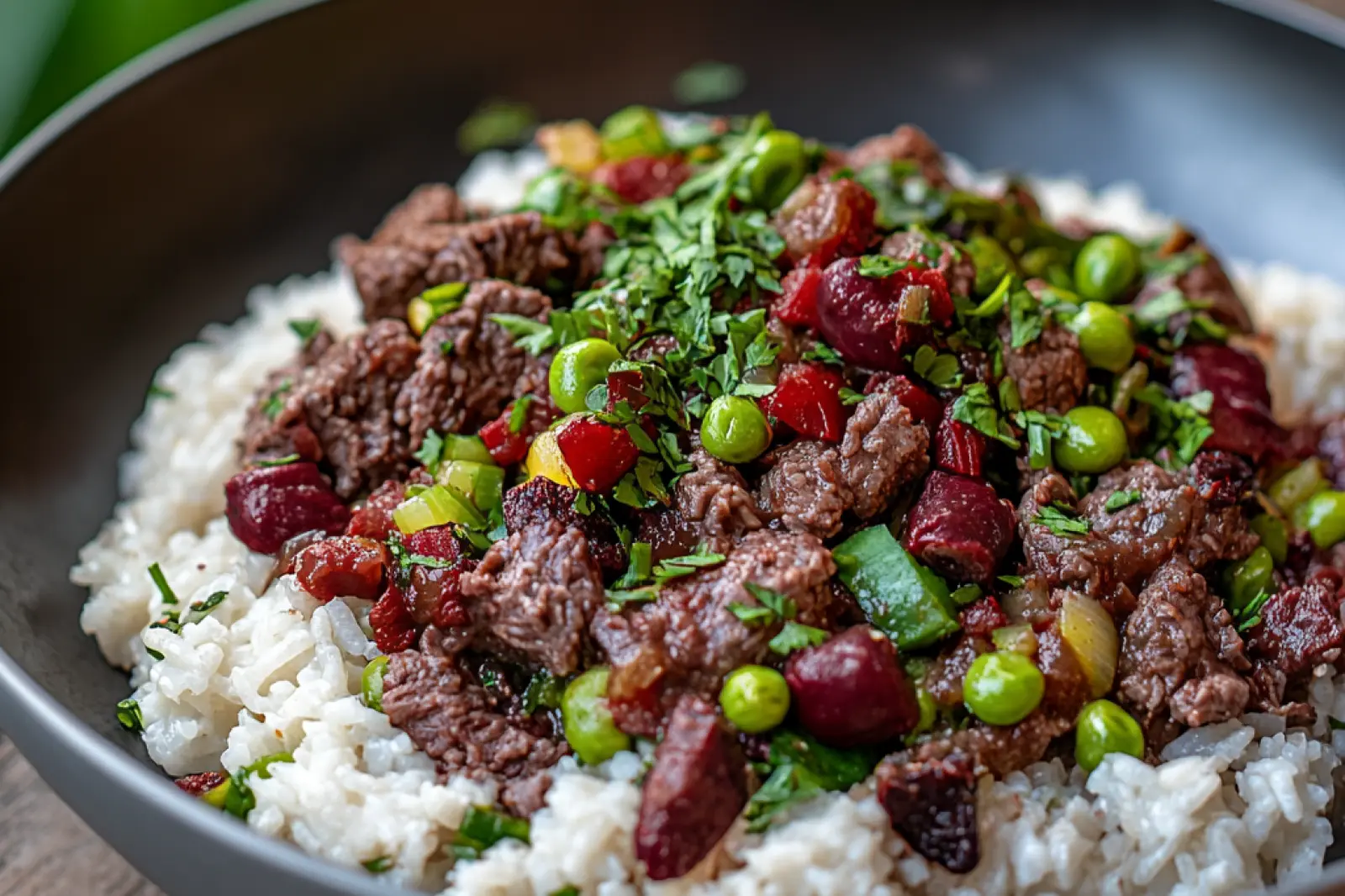 HIGH PROTEIN BEEF AND RICE BOWL centered hero view, clean and uncluttered