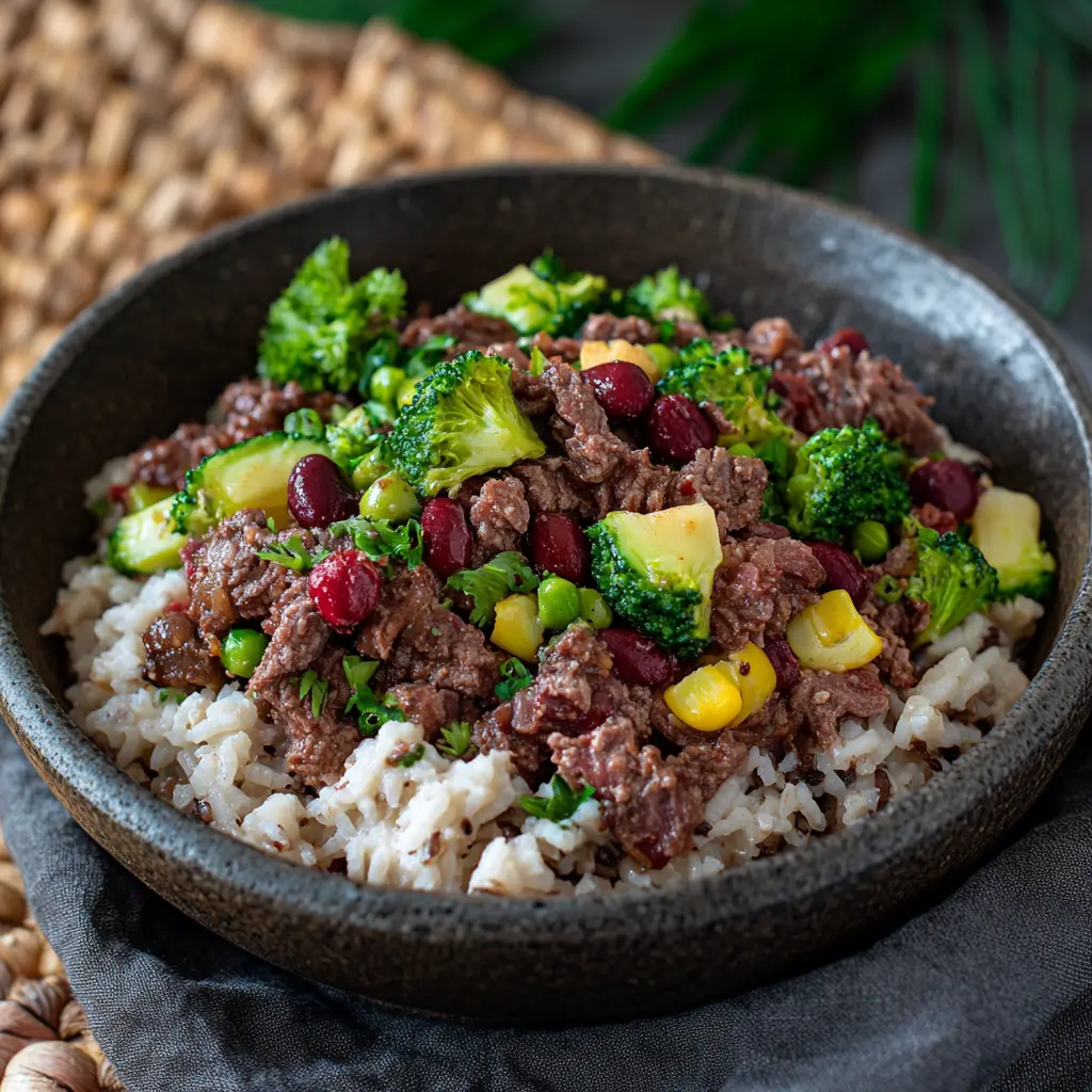 HIGH PROTEIN BEEF AND RICE BOWL centered hero view, clean and uncluttered