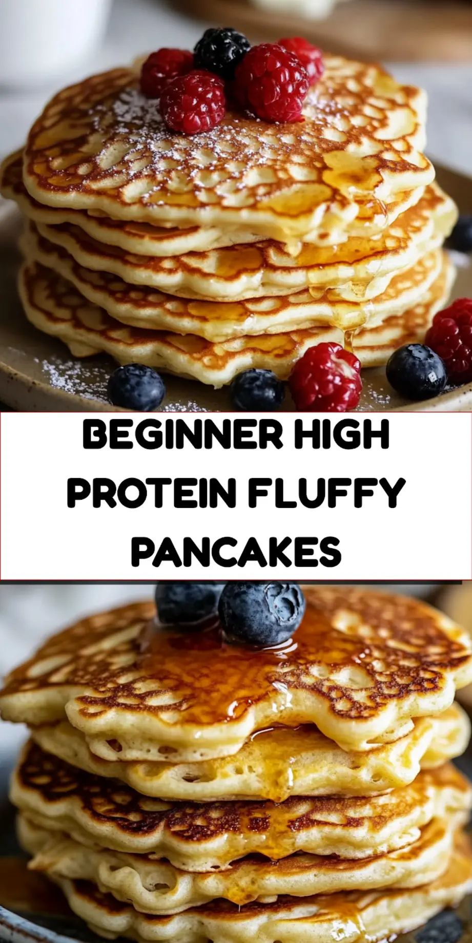 HIGH PROTEIN FLUFFY PANCAKES RECIPE centered hero view, clean and uncluttered