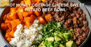 Hot Honey Cottage Cheese Sweet Potato Beef Bowl Recipe HOT HONEY COTTAGE CHEESE SWEET POTATO BEEF BOWL centered hero view, clean and uncluttered