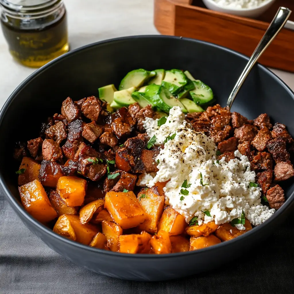 HOT HONEY COTTAGE CHEESE SWEET POTATO BEEF BOWL centered hero view, clean and uncluttered