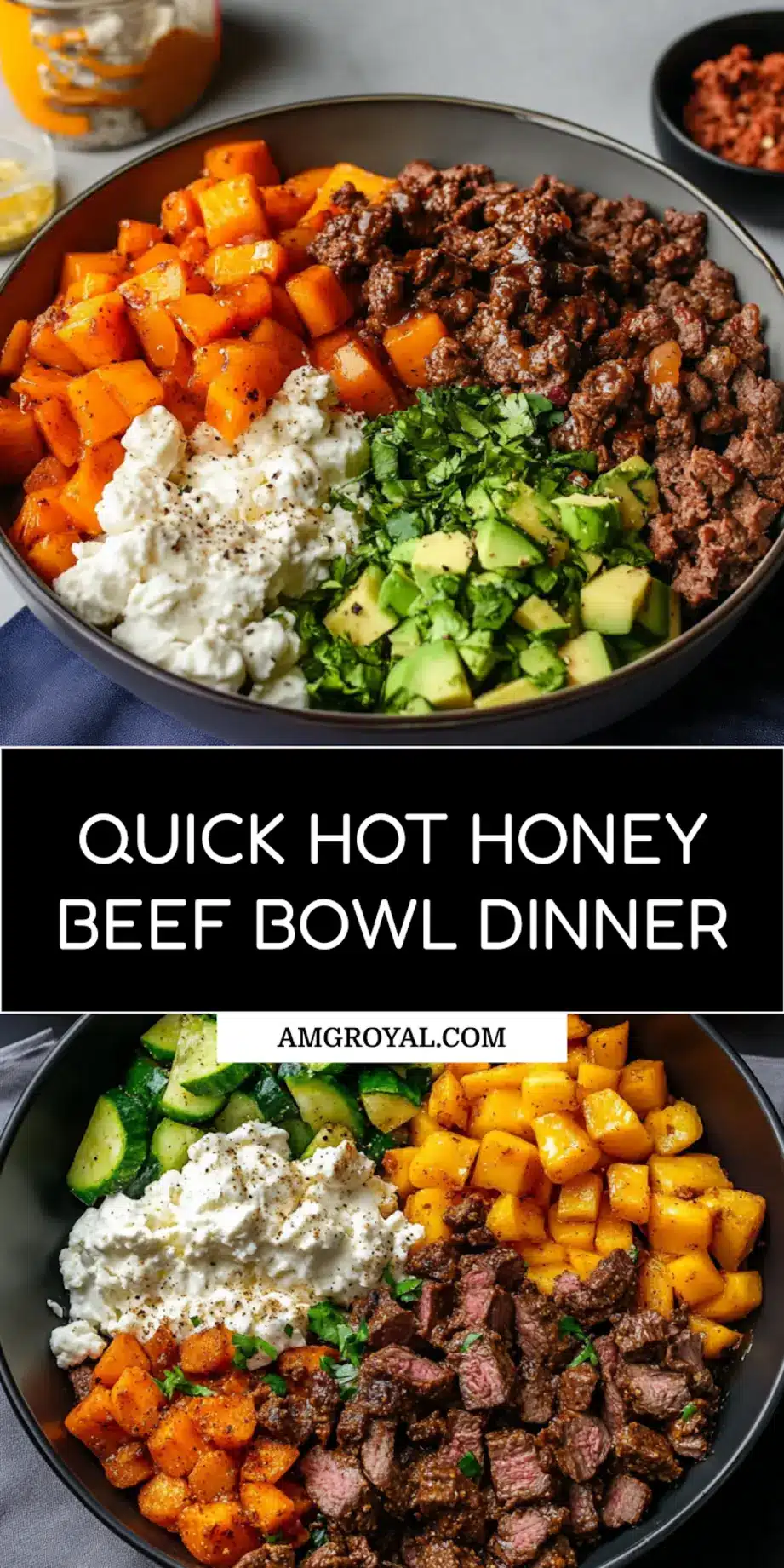 HOT HONEY COTTAGE CHEESE SWEET POTATO BEEF BOWL centered hero view, clean and uncluttered_pin