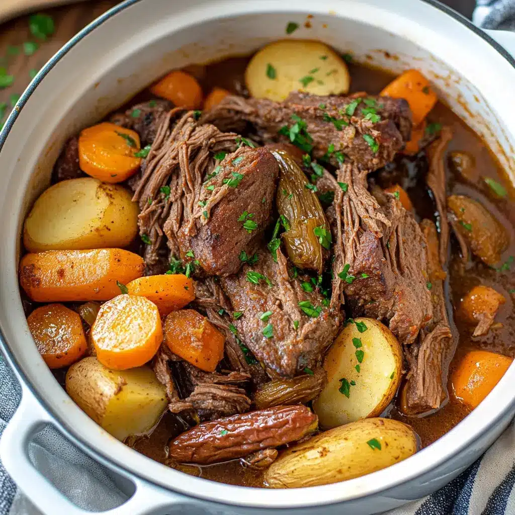 Instant Pot pot roast with vegetables centered hero view, clean and uncluttered