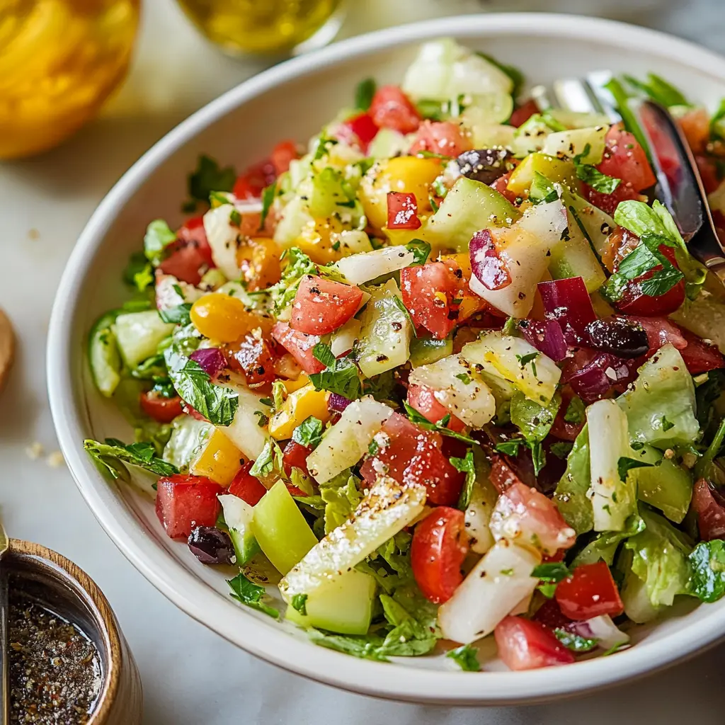 Italian chopped salad with fresh vegetables, mozzarella, and salami