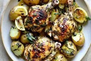 LEMON HERB CHICKEN WITH LEEKS POTATOES centered hero view, clean and uncluttered