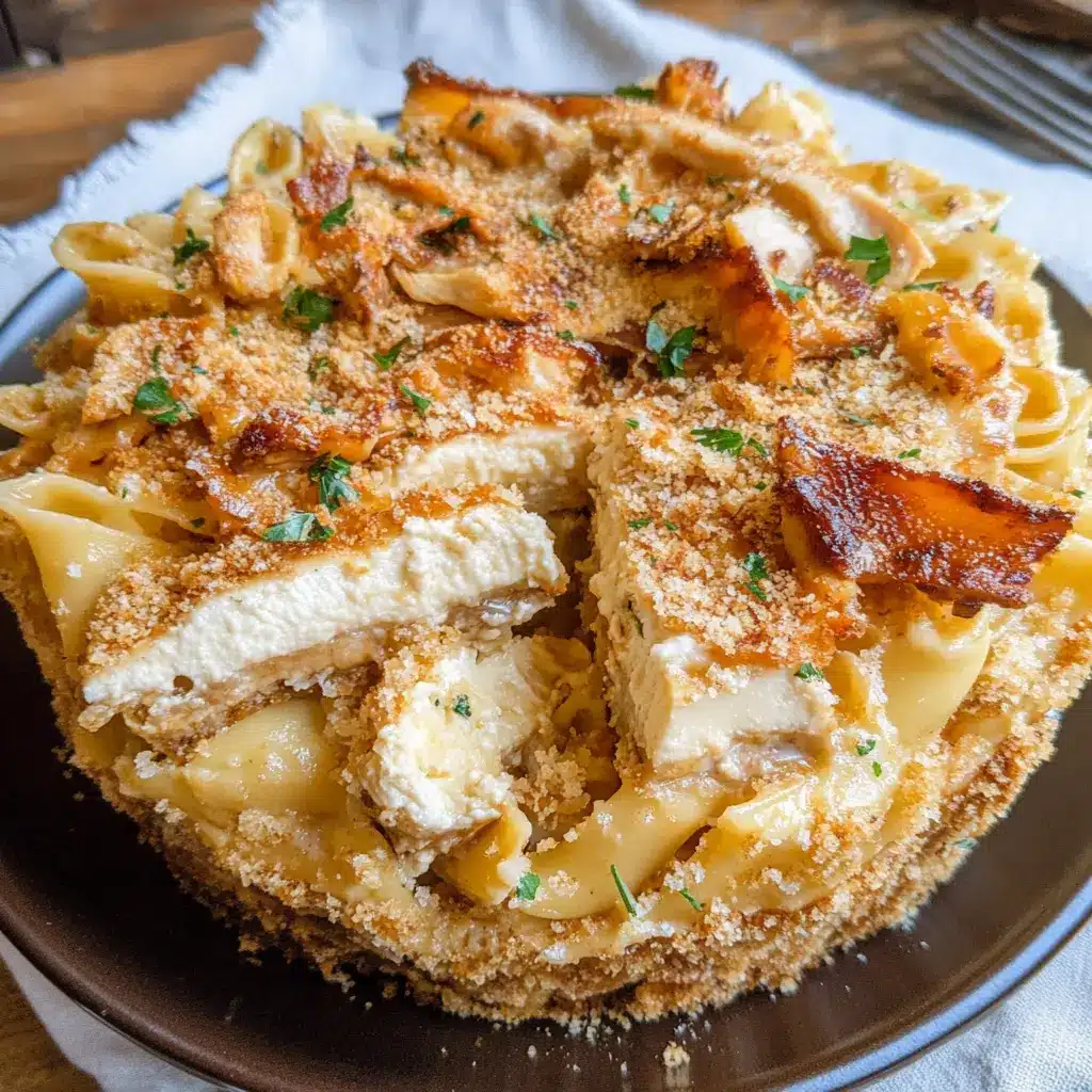 Louisiana Chicken Pasta Cheesecake with golden Parmesan-crusted chicken over creamy Cajun bow-tie pasta