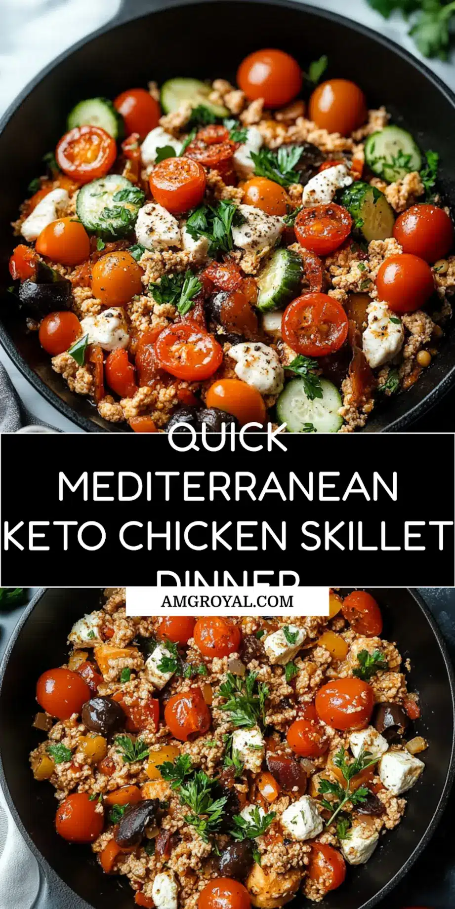 Mediterranean keto ground chicken skillet recipe with feta and olives