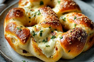 MOZZARELLA STUFFED SOFT PRETZELS centered hero view, clean and uncluttered