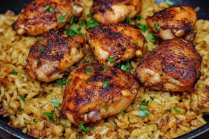 One-pan Chicken and Garlic Rice Easy Weeknight Dinner ONE-PAN CHICKEN AND GARLIC RICE centered hero view, clean and uncluttered