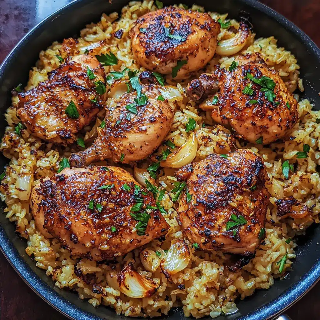 One-pan chicken and garlic rice centered hero view, clean and uncluttered
