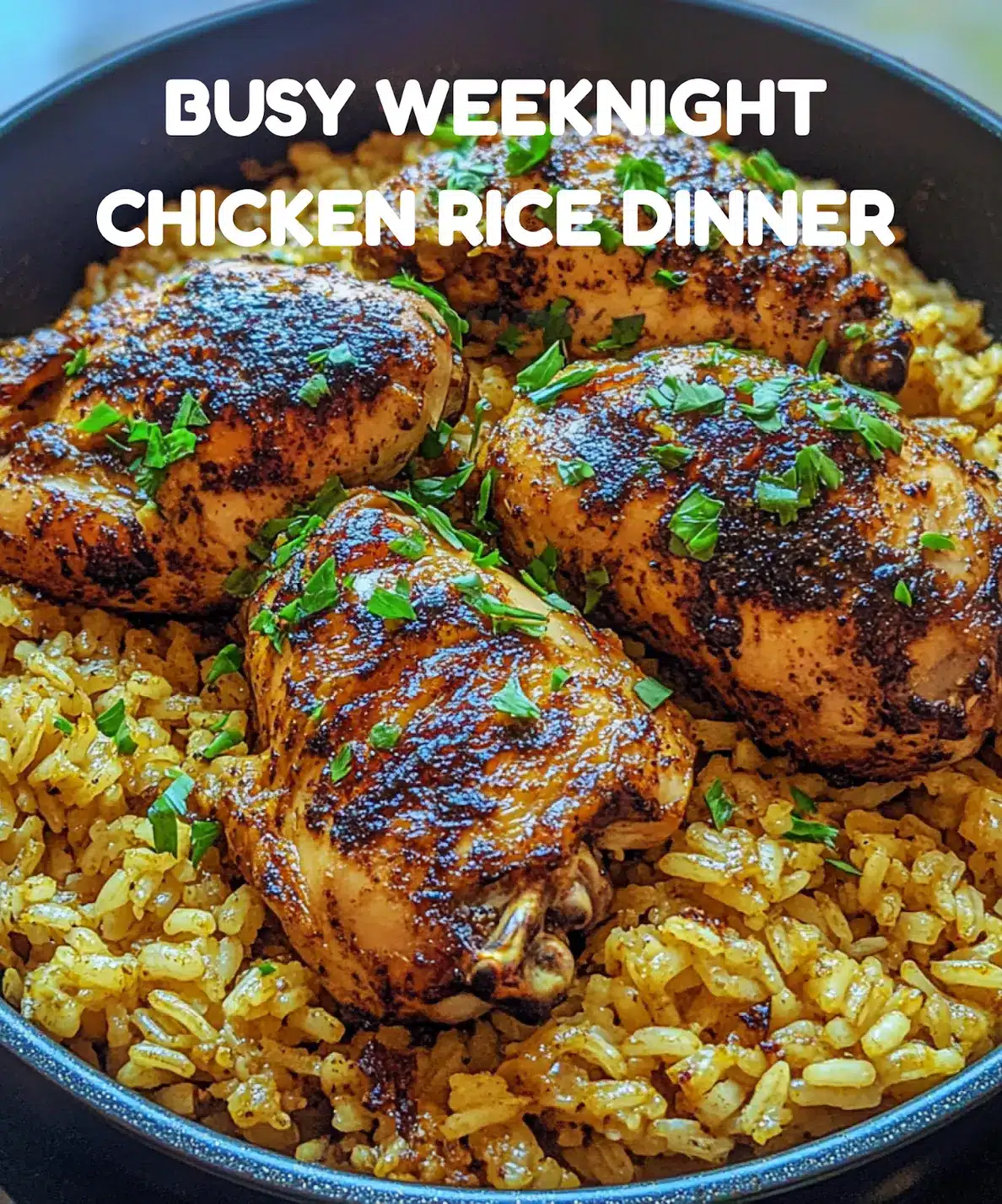 One-pan chicken and garlic rice centered hero view, clean and uncluttered