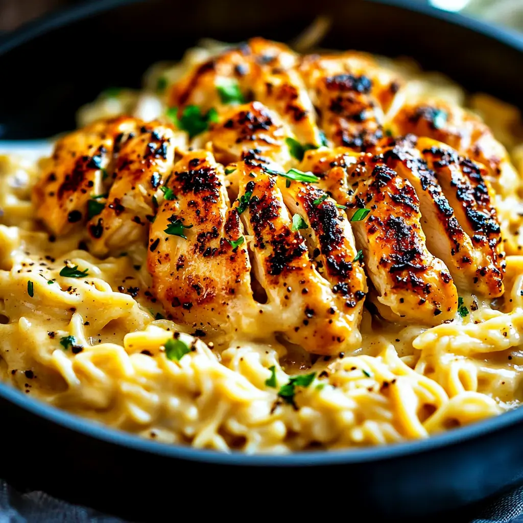 ONE POT CAJUN CHICKEN ALFREDO ORZO centered hero view, clean and uncluttered