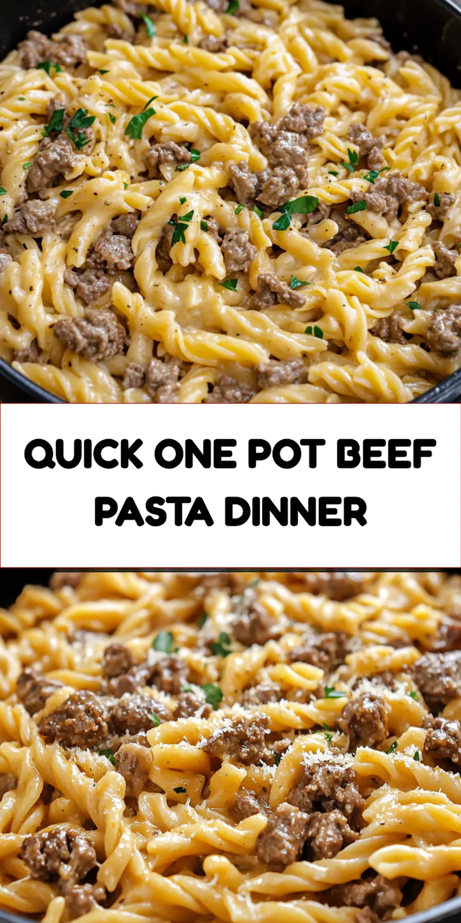 ONE POT CREAMY BEEF AND GARLIC BUTTER PASTA centered hero view, clean and uncluttered pin