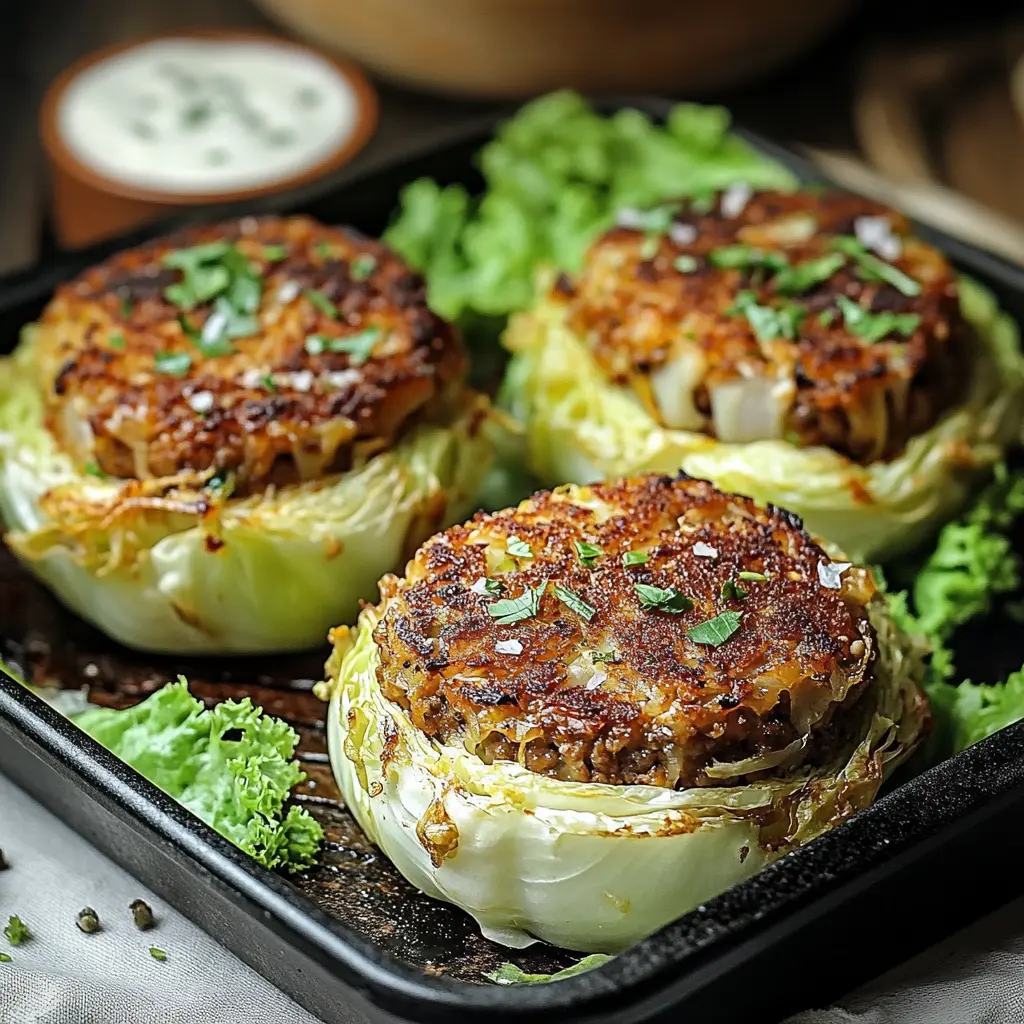 OVEN-BAKED CABBAGE BURGERS centered hero view, clean and uncluttered