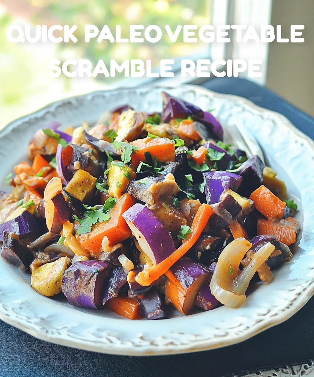 Paleo Easy Vegetable Scramble Recipe for Happy Mornings 7 PALEO EASY VEGETABLE SCRAMBLE centered hero view, clean and uncluttered