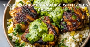 Peruvian Chicken and Rice with Green Sauce Recipe Made Easy PERUVIAN CHICKEN AND RICE WITH GREEN SAUCE centered hero view, clean and uncluttered