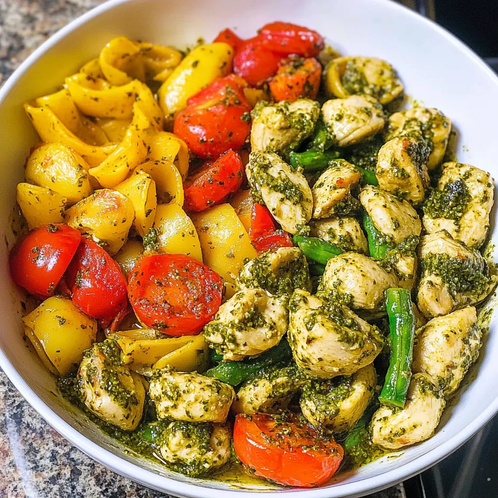 Pesto Chicken Tortellini and Veggies Easy Recipe 6 Pesto chicken tortellini and veggies in a skillet with fresh basil and cherry tomatoes