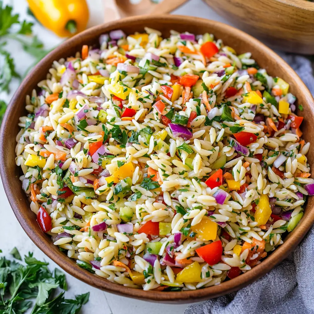 Rainbow Orzo Salad centered hero view, clean and uncluttered