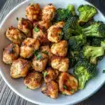 AIR FRYER CHICKEN BITES AND BROCCOLI centered hero view, clean and uncluttered