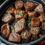 AIR FRYER GARLIC BUTTER STEAK BITES centered hero view, clean and uncluttered