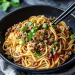 ASIAN GROUND BEEF NOODLES centered hero view, clean and uncluttered