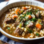 BEEF BARLEY STEW centered hero view, clean and uncluttered
