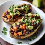 BLACK BEAN STUFFED SWEET POTATOES centered hero view, clean and uncluttered