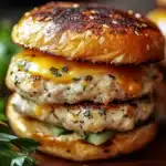 CHEDDAR RANCH CHICKEN BURGERS centered hero view, clean and uncluttered