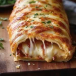 CHEESY ITALIAN STROMBOLI centered hero view, clean and uncluttered
