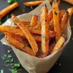 CRISPY OVEN BAKED SWEET POTATO FRIES centered hero view, clean and uncluttered
