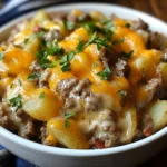 CROCKPOT CHEESESTEAK POTATO CASSEROLE centered hero view, clean and uncluttered