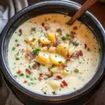 CROCKPOT POTATO SOUP centered hero view, clean and uncluttered