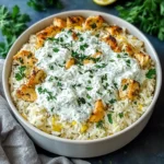 DUMP AND BAKE CHICKEN TZATZIKI RICE centered hero view, clean and uncluttered