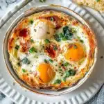 EASY BAKED FETA EGGS centered hero view, clean and uncluttered