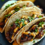 GARLIC BUTTER HONEY BBQ BEEF TACOS centered hero view, clean and uncluttered