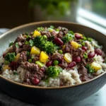 HIGH PROTEIN BEEF AND RICE BOWL centered hero view, clean and uncluttered