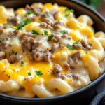HIGH PROTEIN CREAMY PHILLY CHEESESTEAK MAC centered hero view, clean and uncluttered