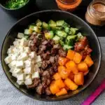 HOT HONEY COTTAGE CHEESE SWEET POTATO BEEF BOWL centered hero view, clean and uncluttered